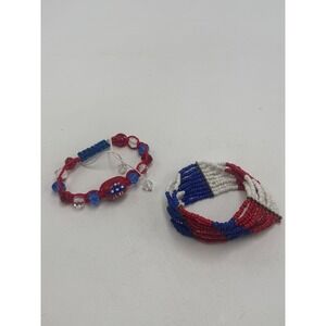 Red White Blue Patriotic Bracelet Set Seed Bead Cuff and Star Macrame 2pc